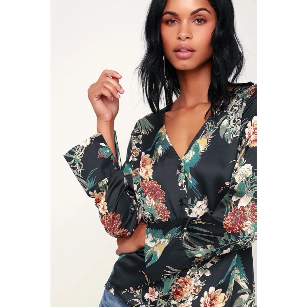 Lulu’s Darby Dark Charcoal Floral Satin Blouse Top